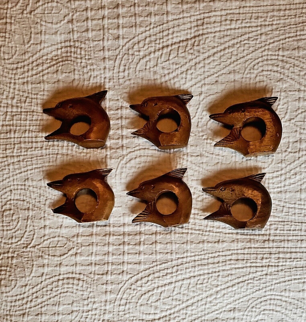 Carved Wood Dolphin Napkin Rings Set Of 6